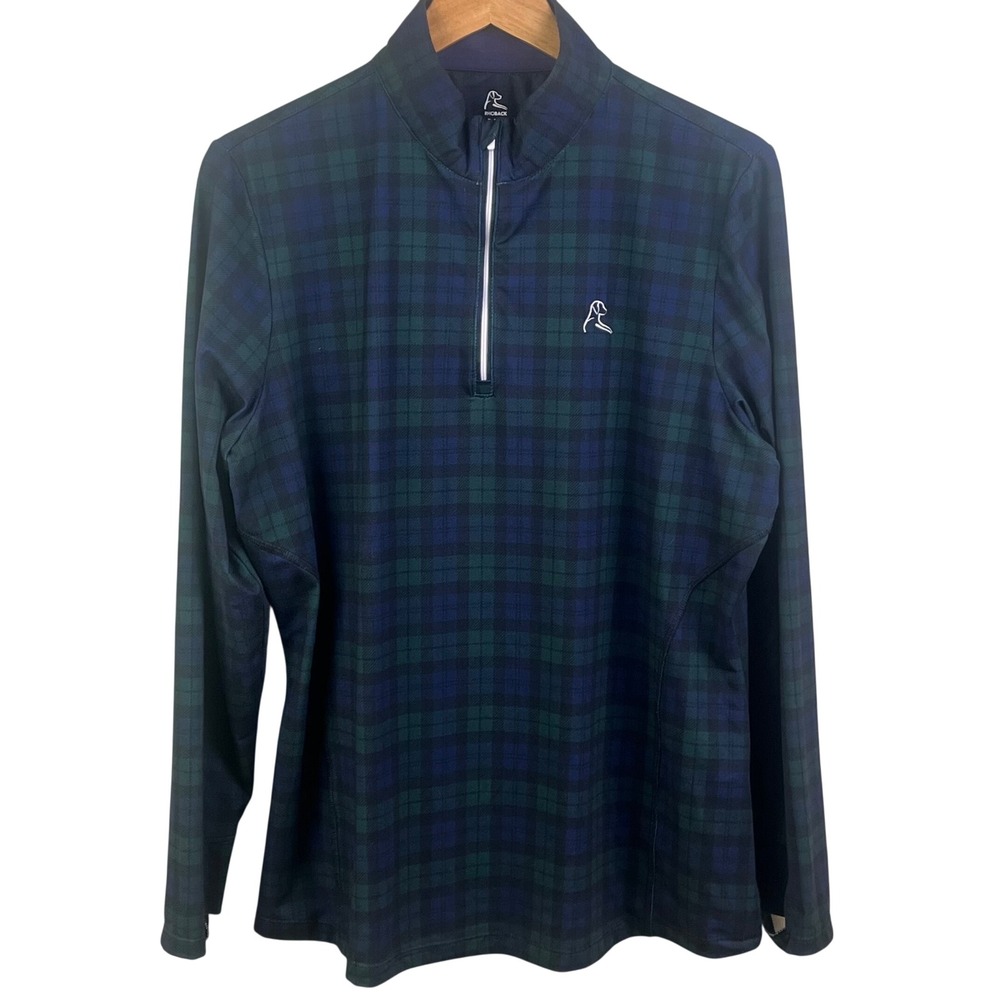 Rhoback Green Blue Plaid 1/4 Zip Long Sleeve Pull Over Peformance Jacket Golf XL